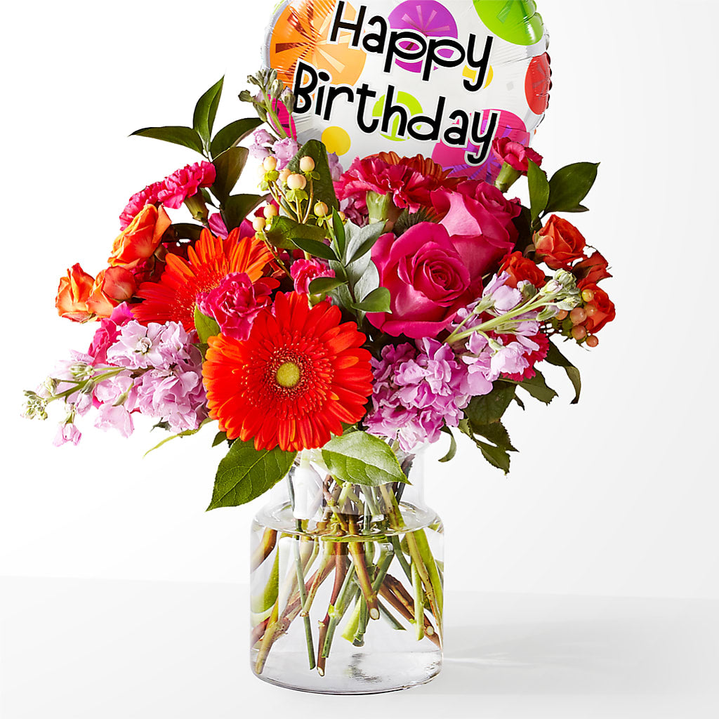 Fiesta Bouquet with Birthday Balloon – HILL'S FLOWERS AND EVENTS, San Jose CA