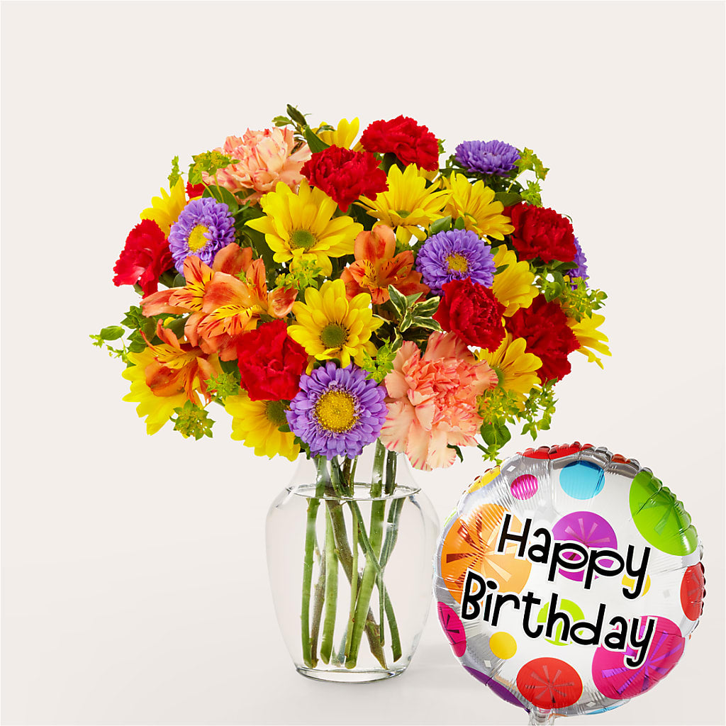 Kaleidoscope Bouquet with Birthday Balloon – HILL'S FLOWERS AND EVENTS, San Jose CA