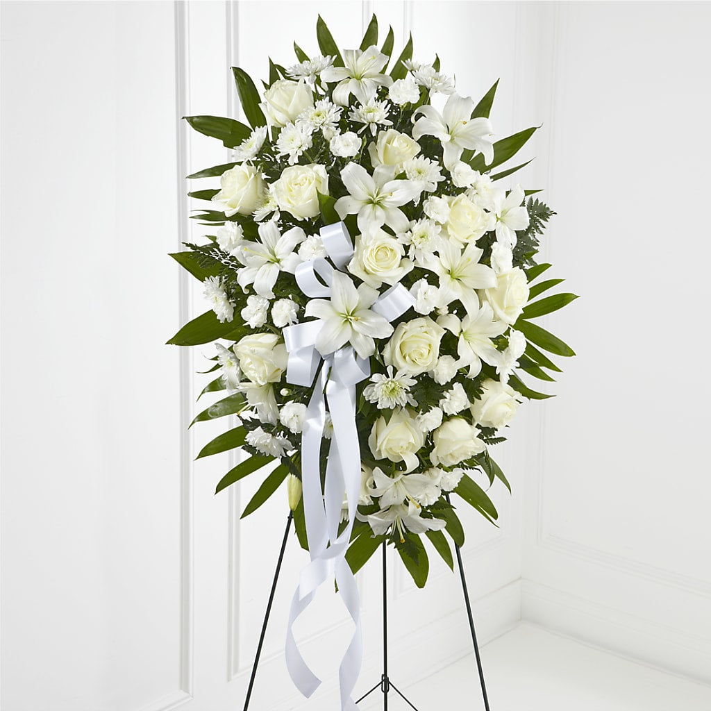 Exquisite Tribute Standing Spray-White Ribbon – HILL'S FLOWERS AND EVENTS, San Jose CA
